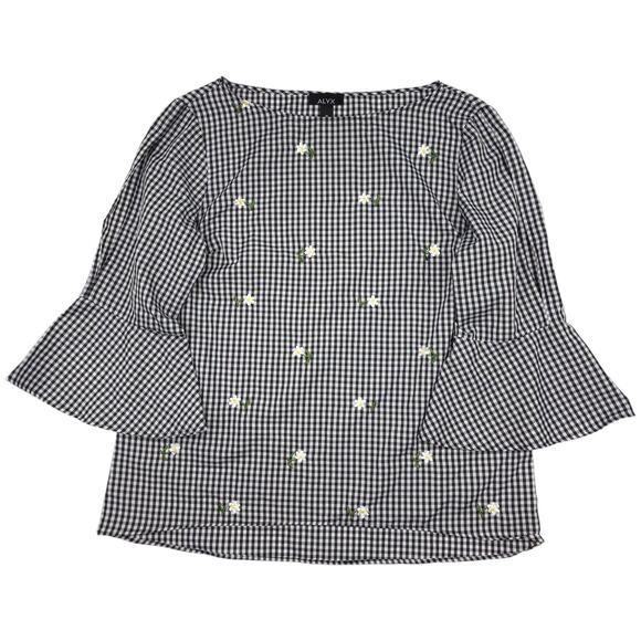 Alyx Tops - ALYX Blouse Womens XL White Black Split Bell Sleeve Checker Floral